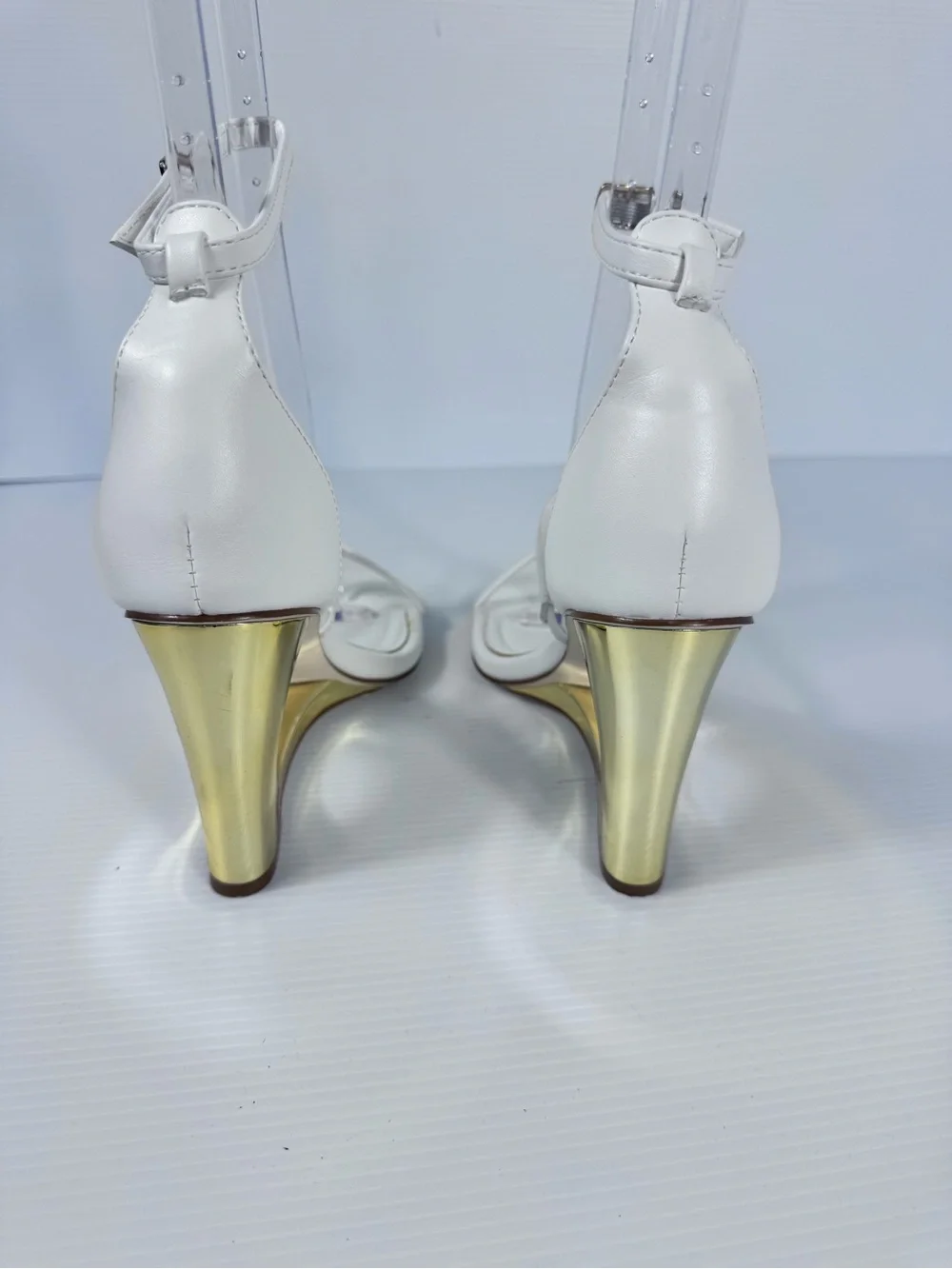 AKIRA Ayyar White & Gold Sculptural Wedge Heels Strappy Sandals